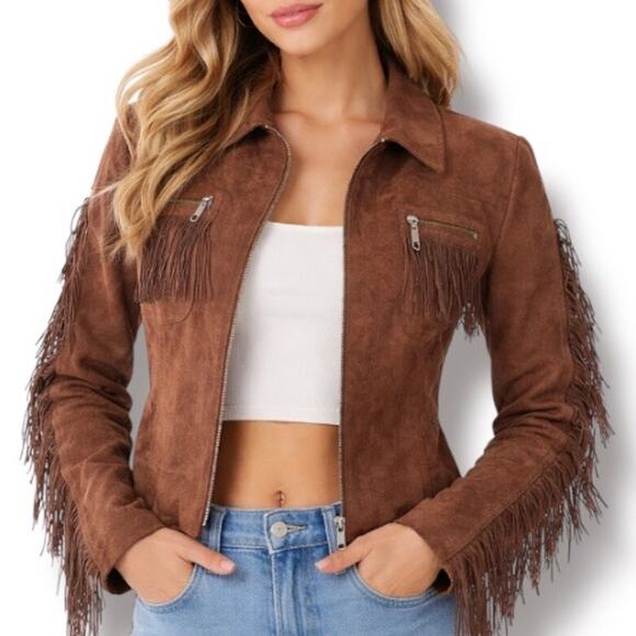 Vintage Panhandle Slim Faux Suede Leather Fringe Jacket Western Cowgirl Small - Picture 2 of 10